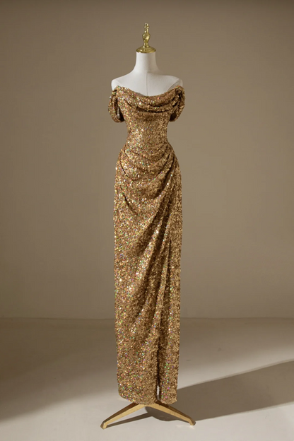 Modest Mermaid Off The Shoulder Gold Sequins For Women Party Dress Long Formal Prom Dresses 22th Birthday Outfits AC050