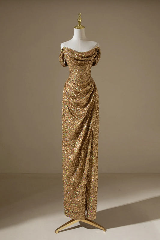 Modest Mermaid Off The Shoulder Gold Sequins For Women Party Dress Long Formal Prom Dresses 22th Birthday Outfits AC050