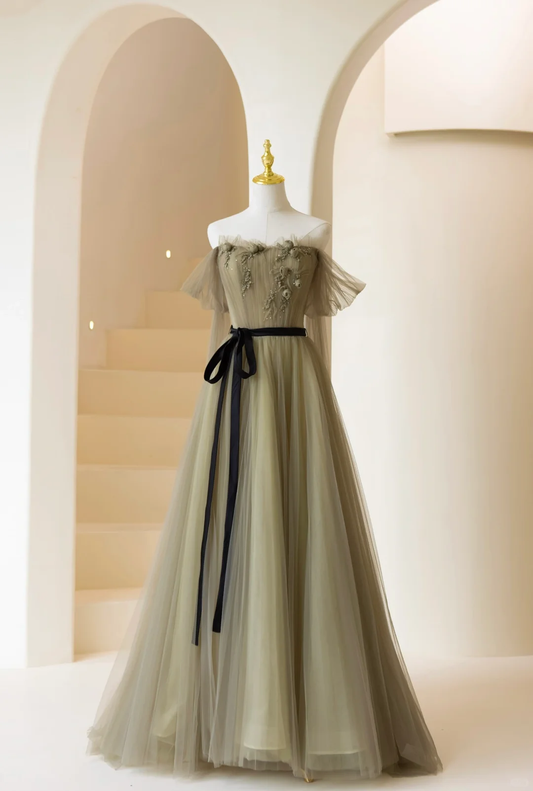 Cute Ball Gown Off The Shoulder Olive Green Tulle Long Prom Dresses Impress 18th Birthday Outfits Prom Gown A858