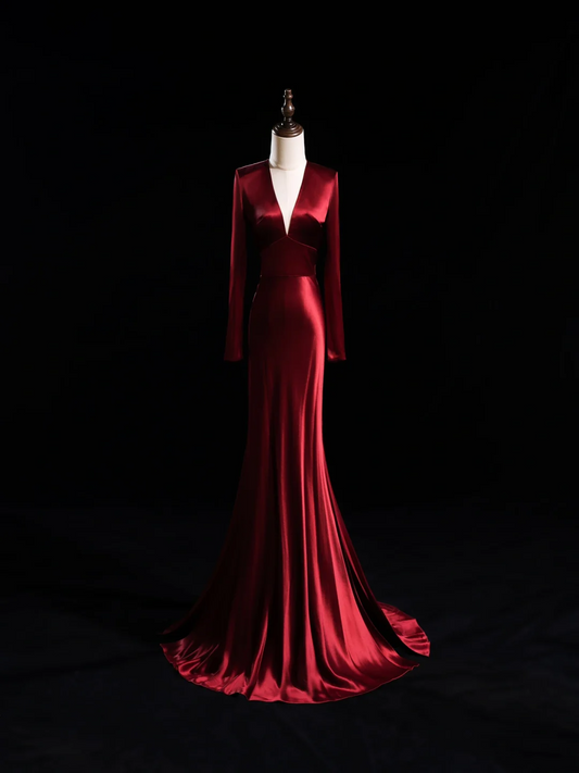 Modest Mermaid V Neck Long Sleeves Burgundy Satin For Women Party Dress Long Formal Prom Dresses 22th Birthday Outfits CX055