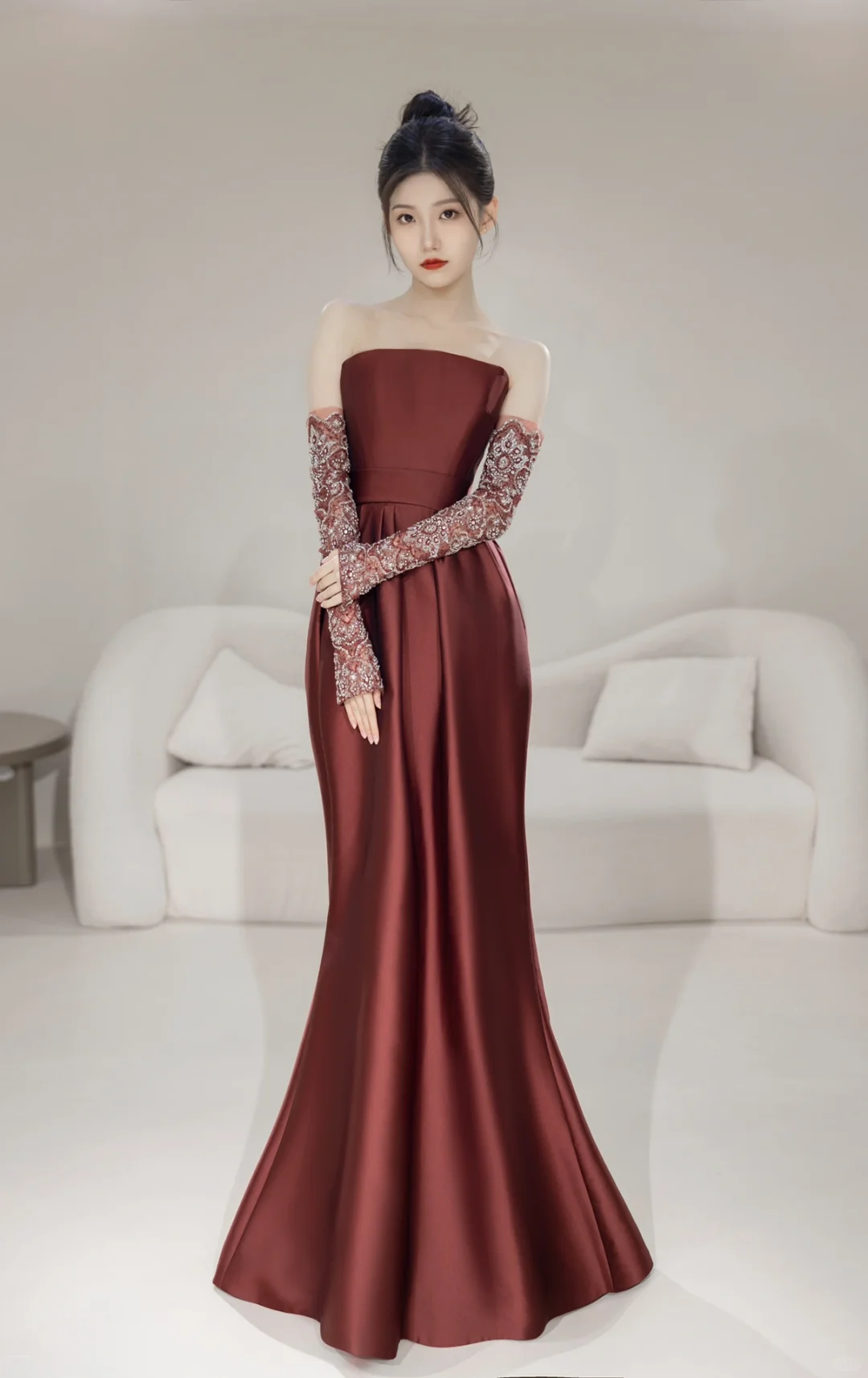 Modest Mermaid Strapless With Gloves Long Sleeves Burgundy Satin For Women Party Dress Long Formal Prom Dresses 22th Birthday Outfits AC056
