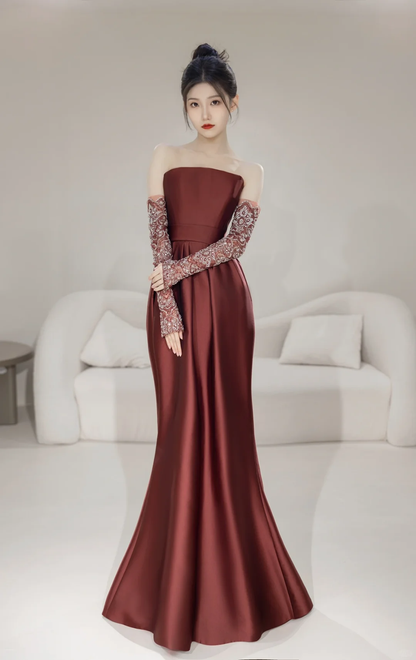 Modest Mermaid Strapless With Gloves Long Sleeves Burgundy Satin For Women Party Dress Long Formal Prom Dresses 22th Birthday Outfits AC056
