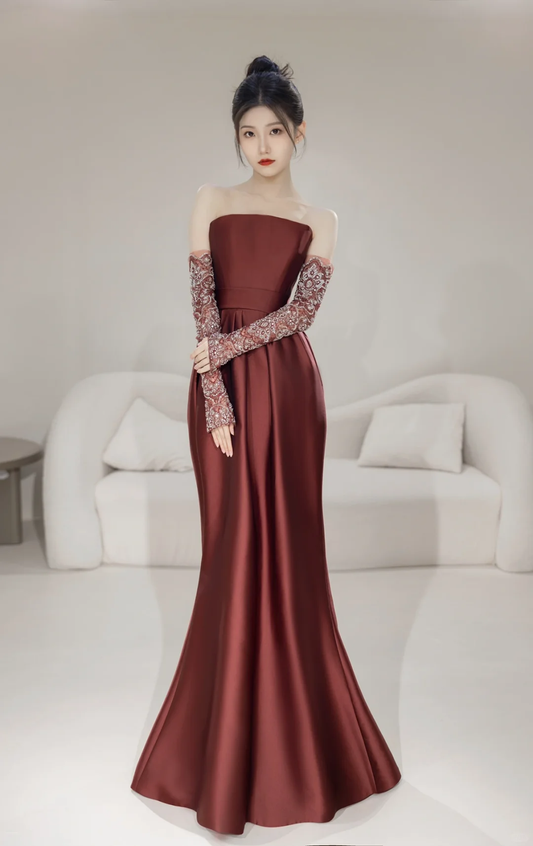Modest Mermaid Strapless With Gloves Long Sleeves Burgundy Satin For Women Party Dress Long Formal Prom Dresses 22th Birthday Outfits AC056