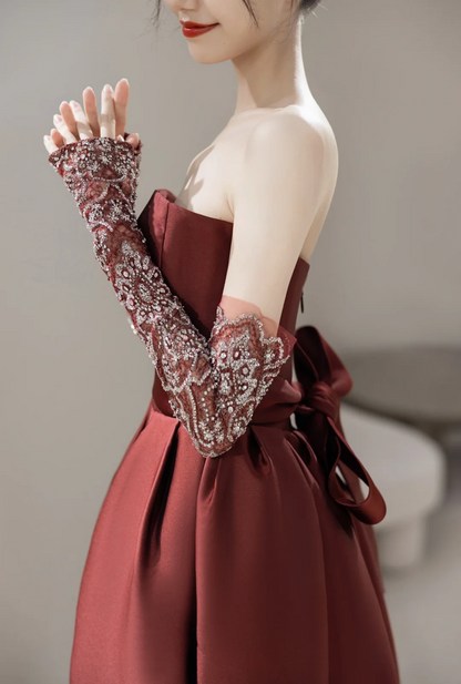 Modest Mermaid Strapless With Gloves Long Sleeves Burgundy Satin For Women Party Dress Long Formal Prom Dresses 22th Birthday Outfits AC056