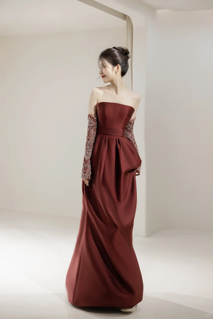 Modest Mermaid Strapless With Gloves Long Sleeves Burgundy Satin For Women Party Dress Long Formal Prom Dresses 22th Birthday Outfits AC056