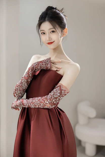 Modest Mermaid Strapless With Gloves Long Sleeves Burgundy Satin For Women Party Dress Long Formal Prom Dresses 22th Birthday Outfits AC056