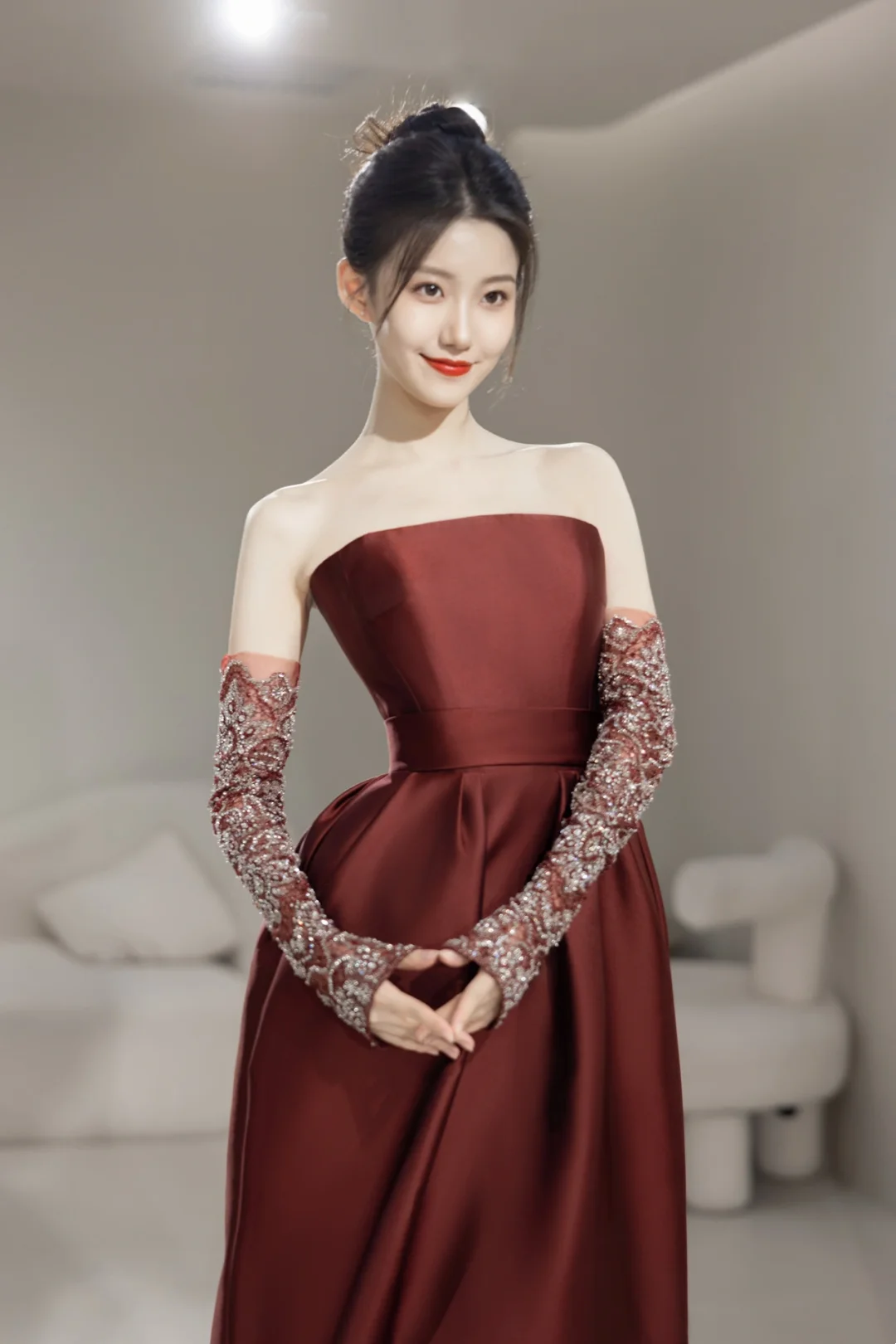 Modest Mermaid Strapless With Gloves Long Sleeves Burgundy Satin For Women Party Dress Long Formal Prom Dresses 22th Birthday Outfits AC056