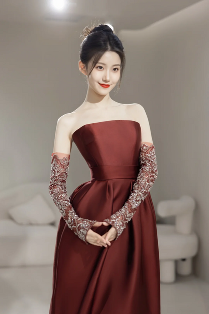 Modest Mermaid Strapless With Gloves Long Sleeves Burgundy Satin For Women Party Dress Long Formal Prom Dresses 22th Birthday Outfits AC056
