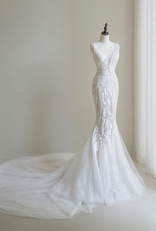 Timeless Women's Mermaid V Neckline White Tulle With Appliqued Wedding Dress Mermaid for Bride Dresses AC060