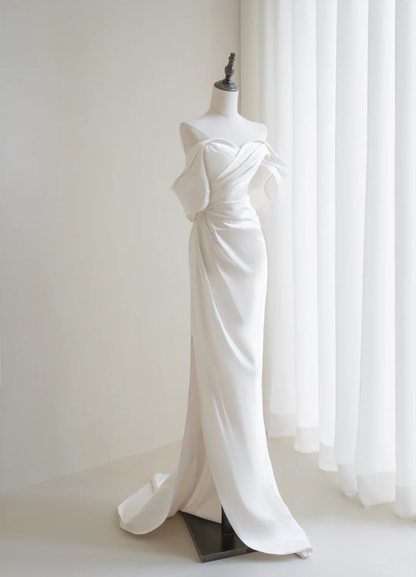 Women’s Off The Shoulder Mermaid With Sleeves Slit Bridal Wedding Dresses Pleated Floor Length For Bride AC062