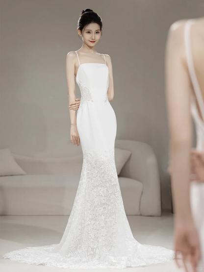 Timeless Women's Mermaid Spaghetti Straps White Tulle With Lace Appliqued Wedding Dress for Bride Dresses AC063