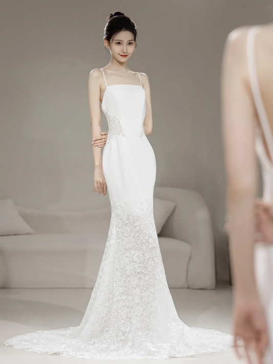 Timeless Women's Mermaid Spaghetti Straps White Tulle With Lace Appliqued Wedding Dress for Bride Dresses AC063