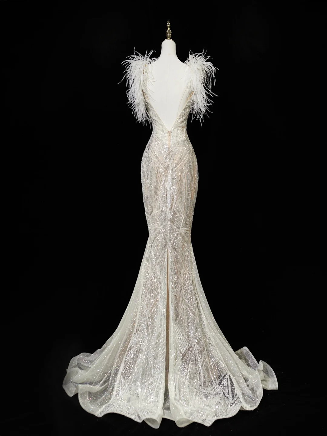 Timeless Women's Mermaid Spaghetti Straps White Sequins With Feathers Wedding Dress for Bride Dresses AC064