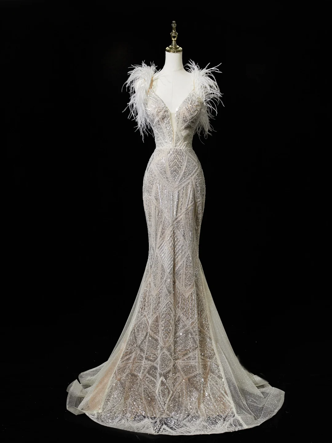 Timeless Women's Mermaid Spaghetti Straps White Sequins With Feathers Wedding Dress for Bride Dresses AC064