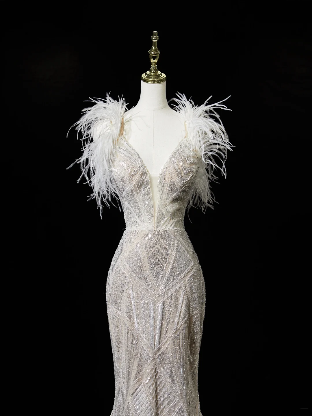 Timeless Women's Mermaid Spaghetti Straps White Sequins With Feathers Wedding Dress for Bride Dresses AC064