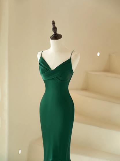Modest Mermaid Spaghetti Straps With Beads Long Dark Green Satin For Women Party Dress Formal Prom Dresses 22th Birthday Outfits AC065