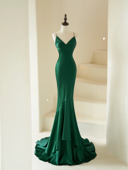 Modest Mermaid Spaghetti Straps With Beads Long Dark Green Satin For Women Party Dress Formal Prom Dresses 22th Birthday Outfits AC065
