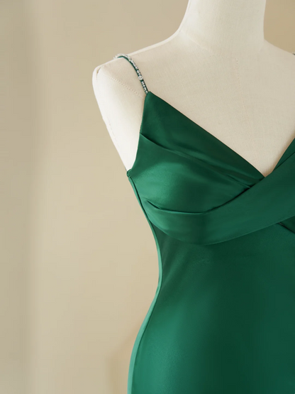 Modest Mermaid Spaghetti Straps With Beads Long Dark Green Satin For Women Party Dress Formal Prom Dresses 22th Birthday Outfits AC065