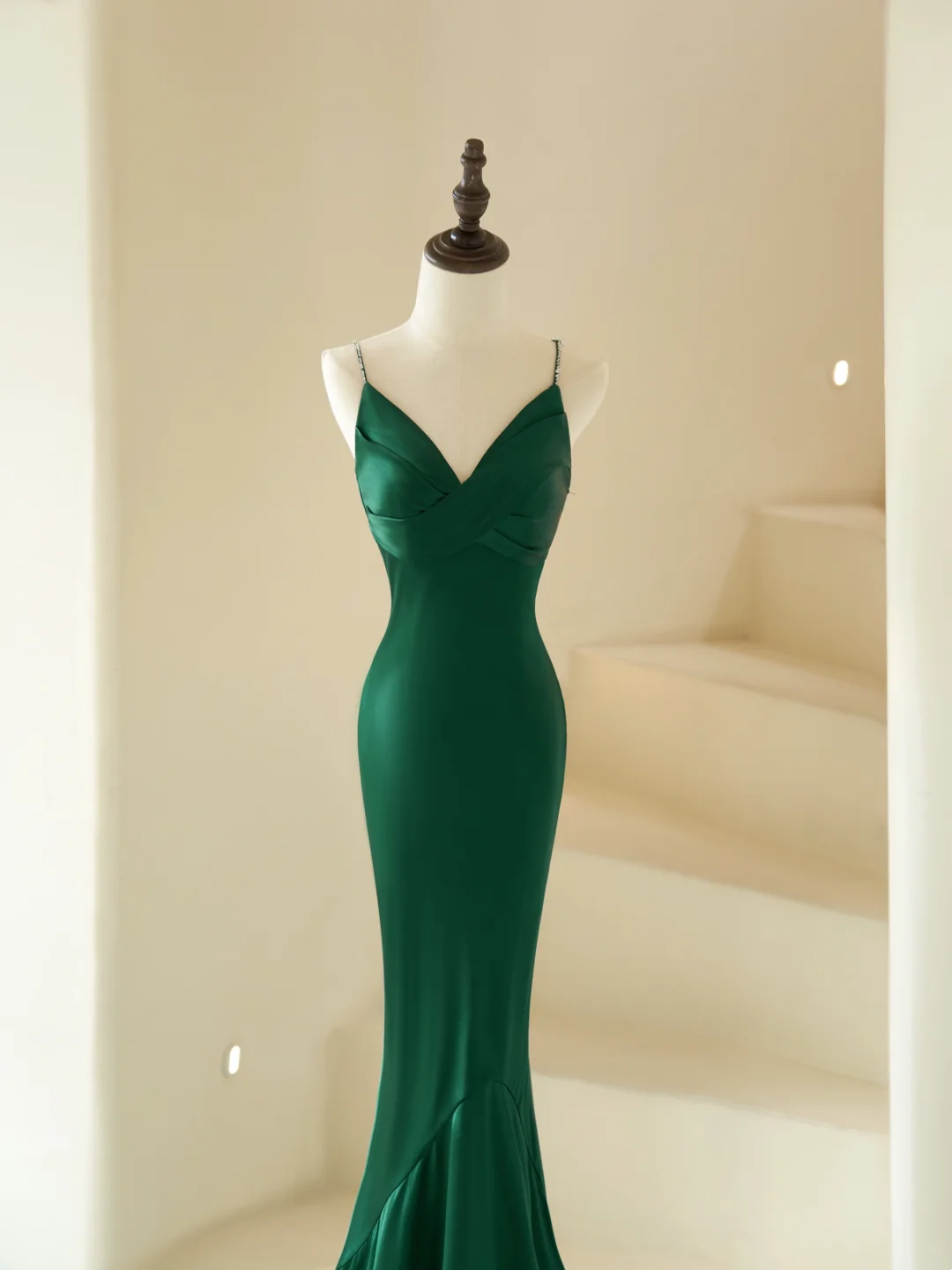 Modest Mermaid Spaghetti Straps With Beads Long Dark Green Satin For Women Party Dress Formal Prom Dresses 22th Birthday Outfits AC065