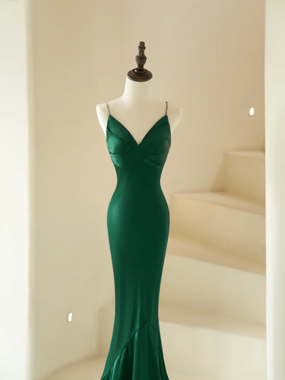 Modest Mermaid Spaghetti Straps With Beads Long Dark Green Satin For Women Party Dress Formal Prom Dresses 22th Birthday Outfits AC065