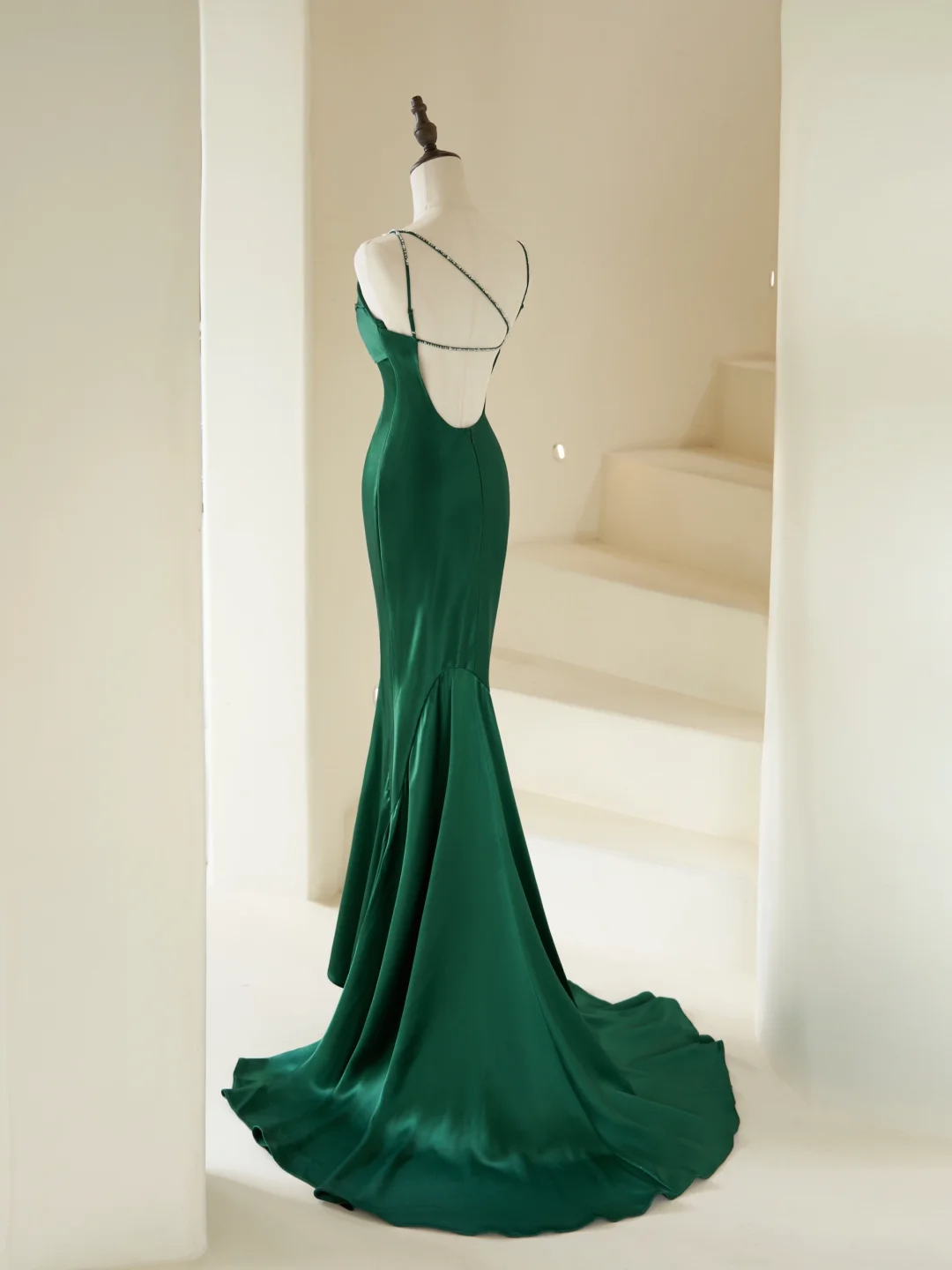 Modest Mermaid Spaghetti Straps With Beads Long Dark Green Satin For Women Party Dress Formal Prom Dresses 22th Birthday Outfits AC065