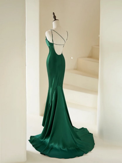Modest Mermaid Spaghetti Straps With Beads Long Dark Green Satin For Women Party Dress Formal Prom Dresses 22th Birthday Outfits AC065