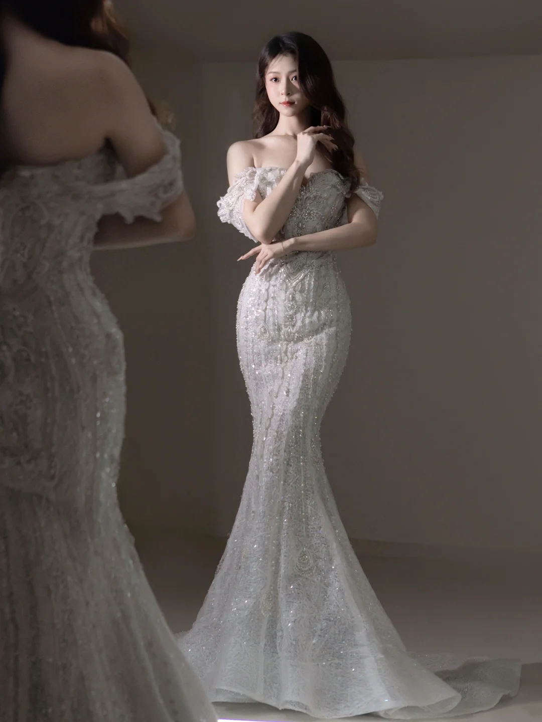 Women’s Off The Shoulder Mermaid With Sleeves Beads Bridal Wedding Dresses Floor Length For Bride AC066