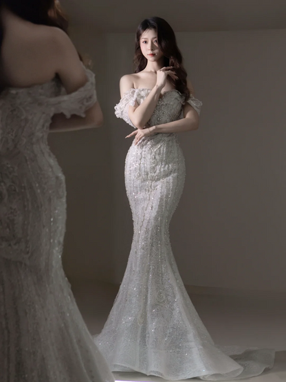 Women’s Off The Shoulder Mermaid With Sleeves Beads Bridal Wedding Dresses Floor Length For Bride AC066