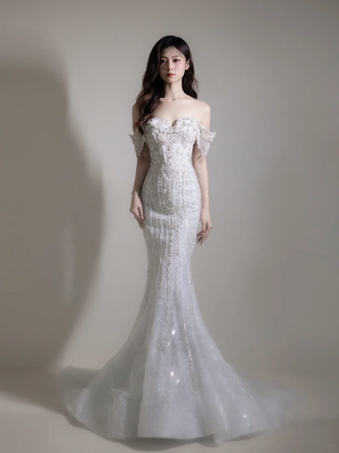 Women’s Off The Shoulder Mermaid With Sleeves Beads Bridal Wedding Dresses Floor Length For Bride AC066