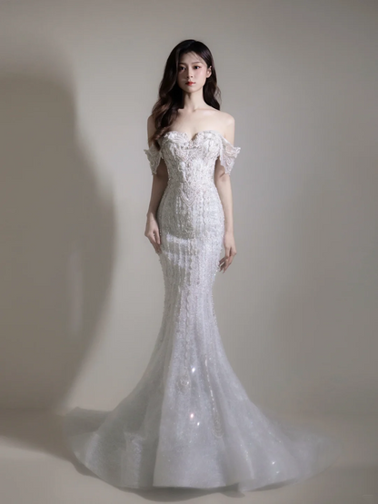 Women’s Off The Shoulder Mermaid With Sleeves Beads Bridal Wedding Dresses Floor Length For Bride AC066