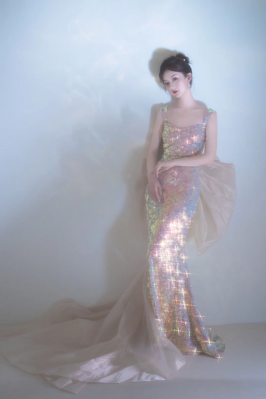 Elegant Mermaid Square Neck Sleeveless Sequin Long Floor Length Prom Dress Inspiration Prom Dresses B106