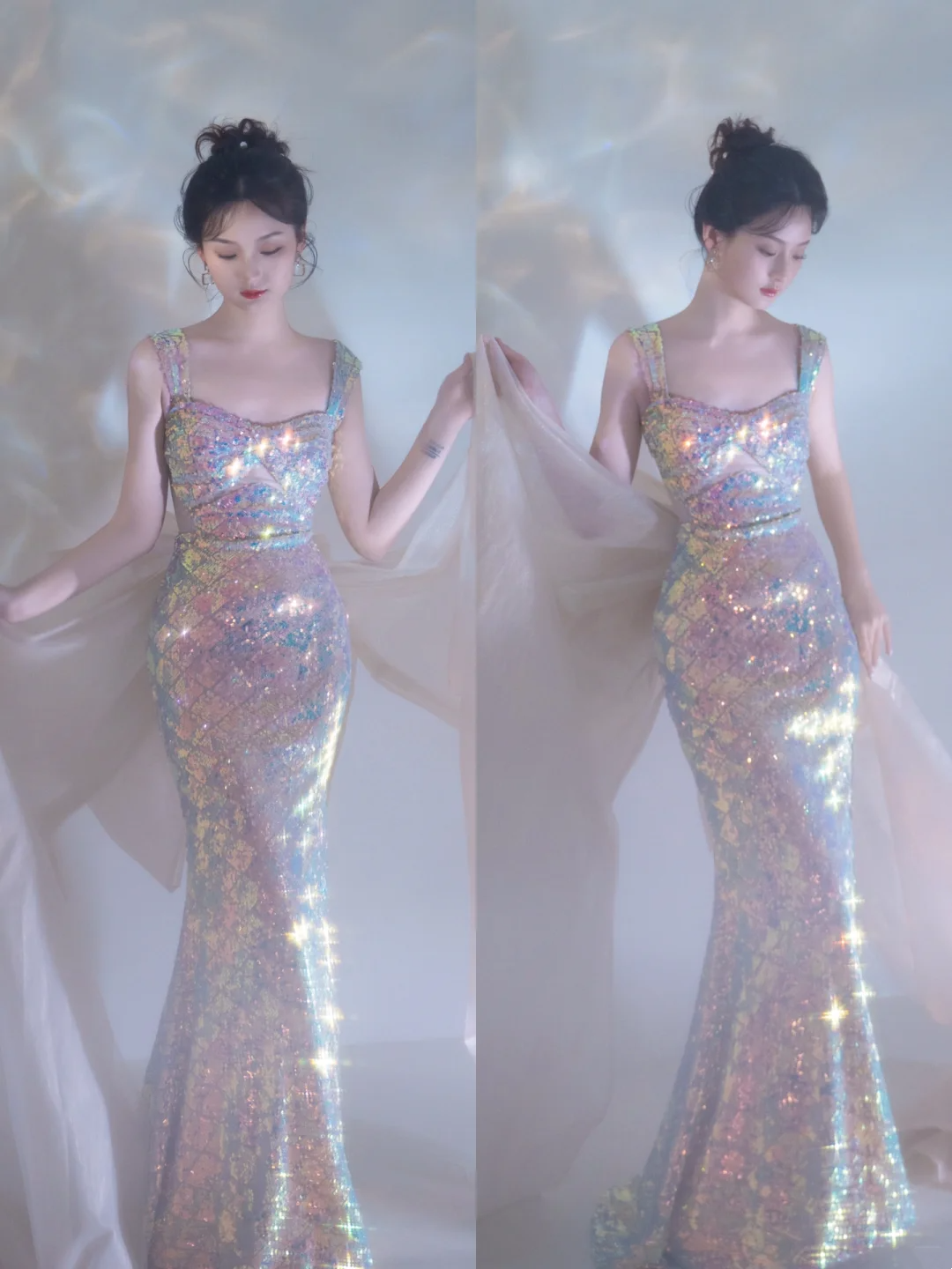 Elegant Mermaid Square Neck Sleeveless Sequin Long Floor Length Prom Dress Inspiration Prom Dresses B106