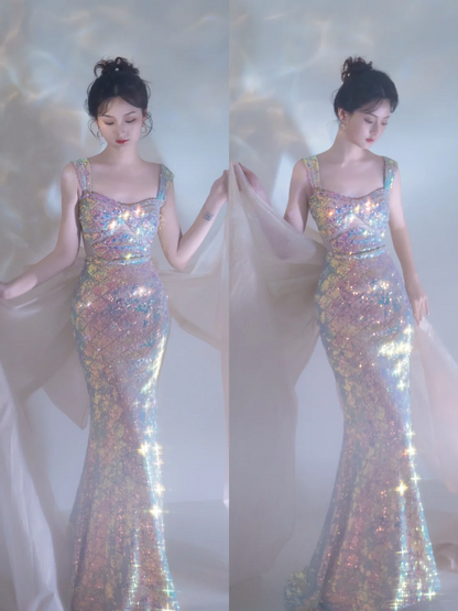 Elegant Mermaid Square Neck Sleeveless Sequin Long Floor Length Prom Dress Inspiration Prom Dresses B106