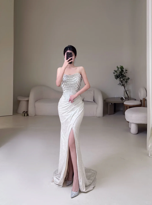 Princess Mermaid Strapless Sleeveless With Beads For Women Party Dress Formal Prom Dresses 22th Birthday Outfits AC069