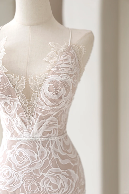 Timeless Women's Mermaid Spaghetti Straps Champagne White Lace Wedding Dress Mermaid for Bride Dresses AC031