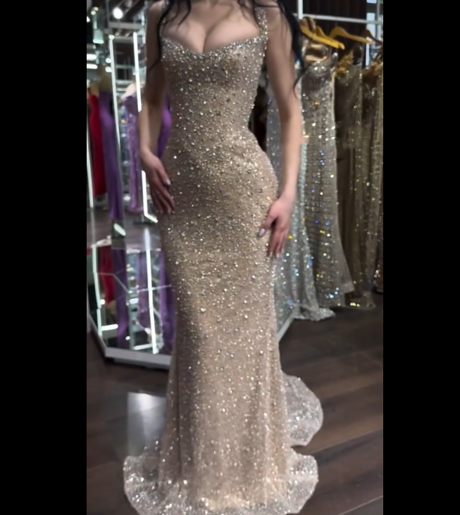 Sparkly Mermaid Square Neck Sequin Champagne Prom Dresses Party Dress 18th Birthday Outfits Graduation Dress RB1453