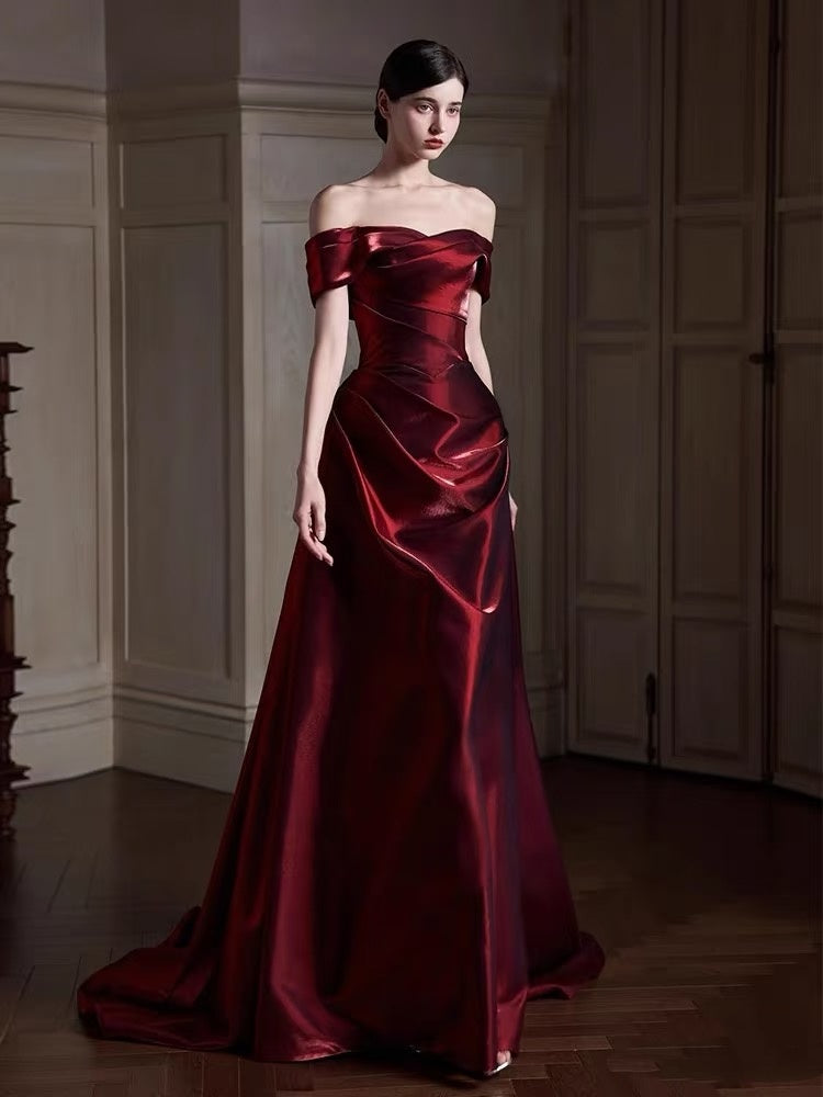 Classy Mermaid Off The Shoulder Burgundy Satin Long Formal Prom Dresses Dance Night Outfits Party Gowns AQ132