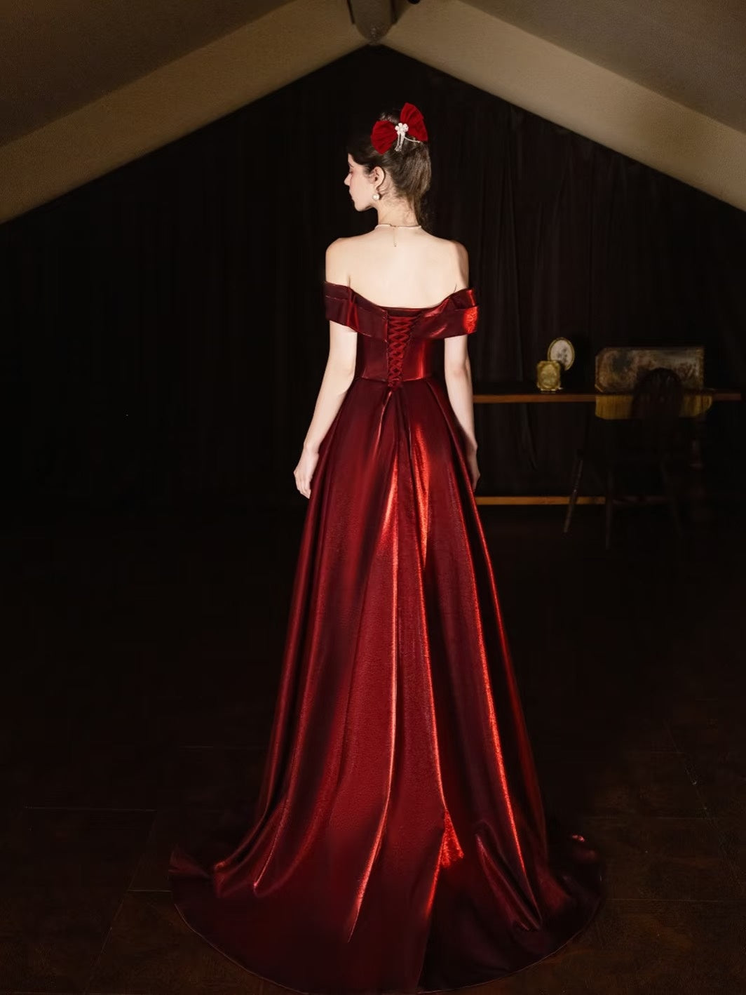 Classy Mermaid Off The Shoulder Burgundy Satin Long Formal Prom Dresses Dance Night Outfits Party Gowns AQ132