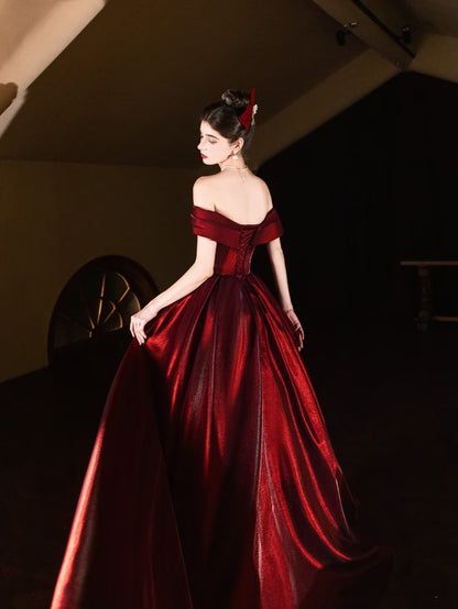 Classy Mermaid Off The Shoulder Burgundy Satin Long Formal Prom Dresses Dance Night Outfits Party Gowns AQ132