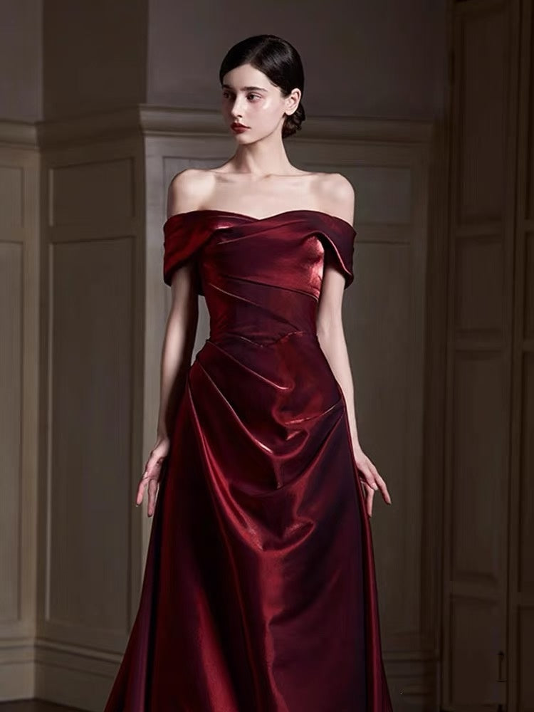 Classy Mermaid Off The Shoulder Burgundy Satin Long Formal Prom Dresses Dance Night Outfits Party Gowns AQ132