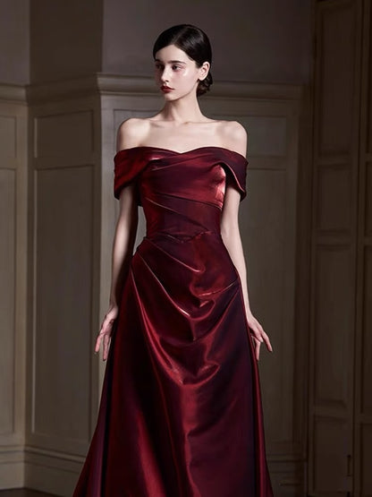 Classy Mermaid Off The Shoulder Burgundy Satin Long Formal Prom Dresses Dance Night Outfits Party Gowns AQ132