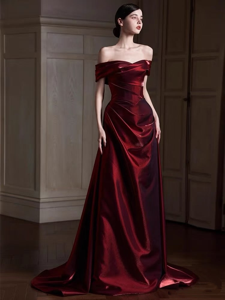 Classy Mermaid Off The Shoulder Burgundy Satin Long Formal Prom Dresses Dance Night Outfits Party Gowns AQ132