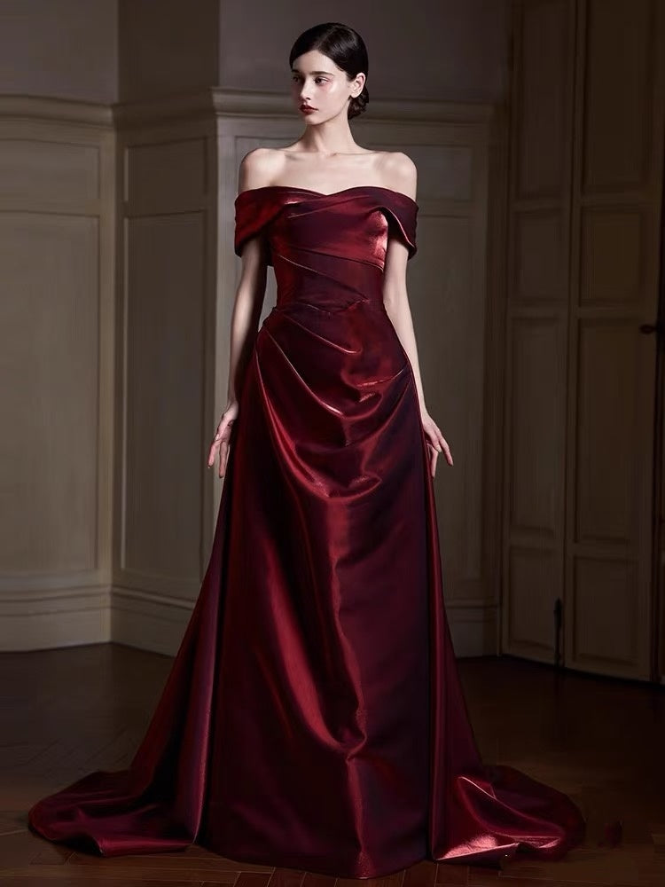 Classy Mermaid Off The Shoulder Burgundy Satin Long Formal Prom Dresses Dance Night Outfits Party Gowns AQ132