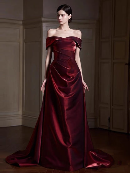 Classy Mermaid Off The Shoulder Burgundy Satin Long Formal Prom Dresses Dance Night Outfits Party Gowns AQ132