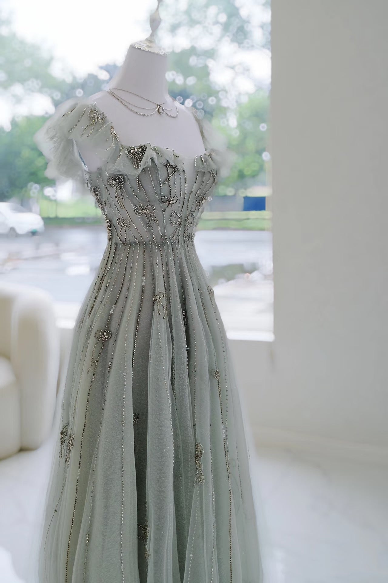 Elegant A line Square Neck Green Tulle Long Formal Prom Evening Dresses Dinner Outfits Party Gowns AQ137