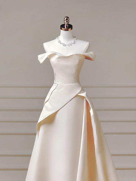Romantic Long Wedding Dresses A Line Off The Shoulder Satin Pleated Wedding Dress Style For Brides Fitted With Train Bridal Gowns AQ001