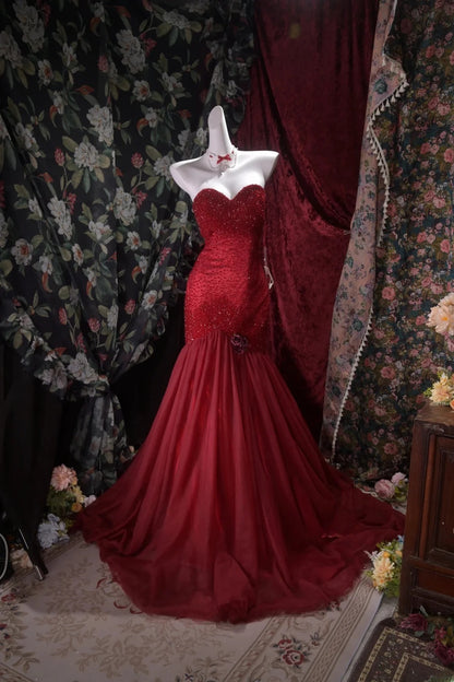 Elegant Mermaid Sweetheart Burgundy Tulle With Beading Long Prom Dresses Formal Outfit Evening Night Dress RB8029