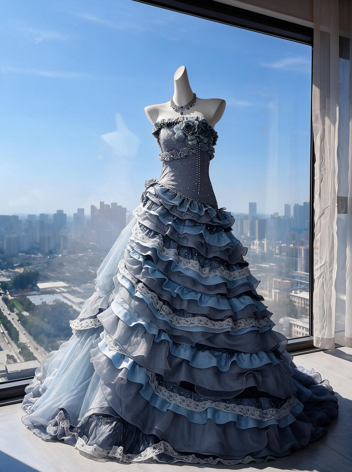 Fairy Quinceanera Dress Ball Gown Strapless Blue Grey With Beading Tiered 16th Birthday Party Outfit RC0961