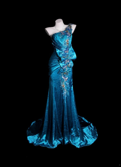 Mermaid Prom Dress One Shoulder Blue Satin Modest Floor Length Formal Party Gown RB9811