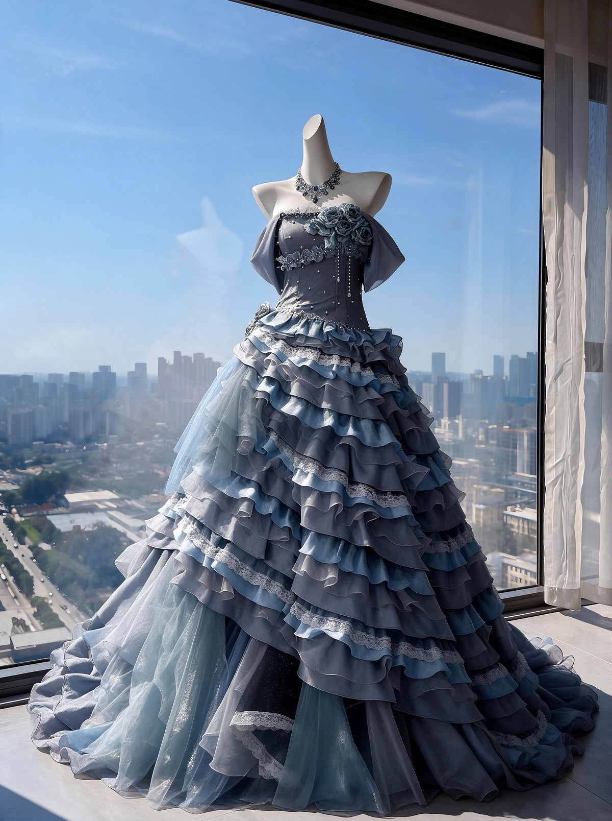 Fairy Quinceanera Dress Ball Gown Strapless Blue Grey With Beading Tiered 16th Birthday Party Outfit RC0961